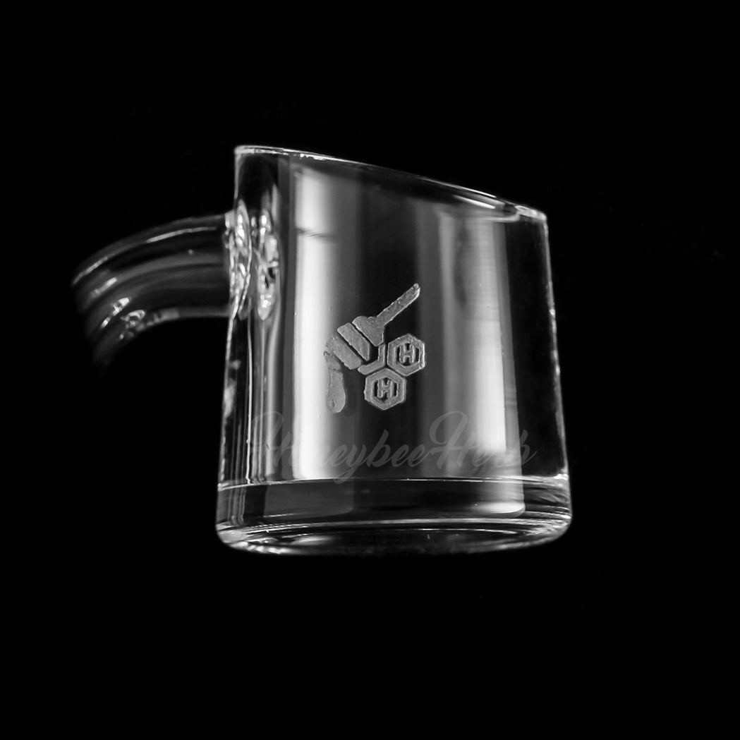 Honeybee Herb FAT BOTTOM QUARTZ BANGER at 90Β° angle, clear, for dab rigs - side view on black