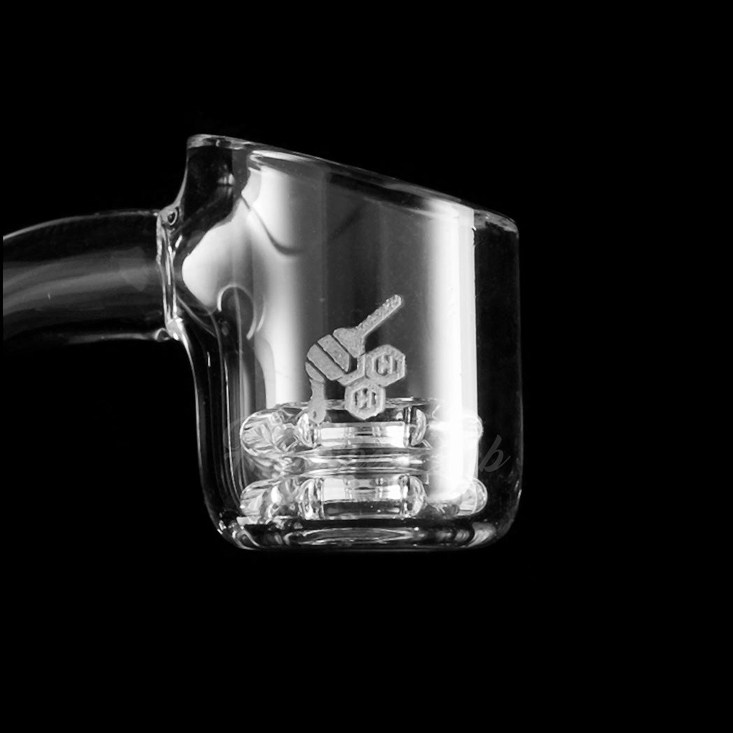 Honeycomb Knot Quartz Banger 90Β° Degree by Honeybee Herb, Clear, Side View