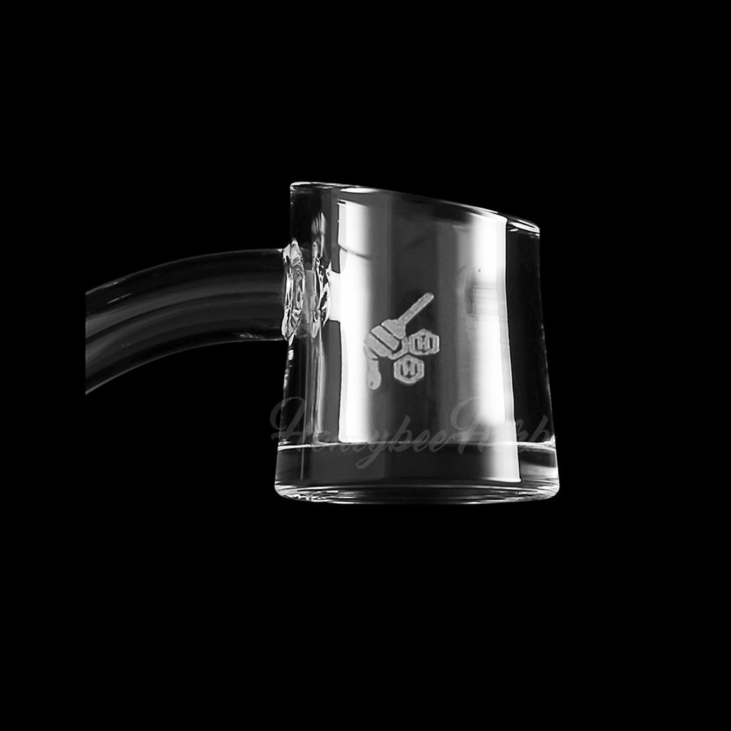 HoneybeeHerb FAT BOTTOM QUARTZ BANGER, 45Β° angle, clear with logo, durable design, side view