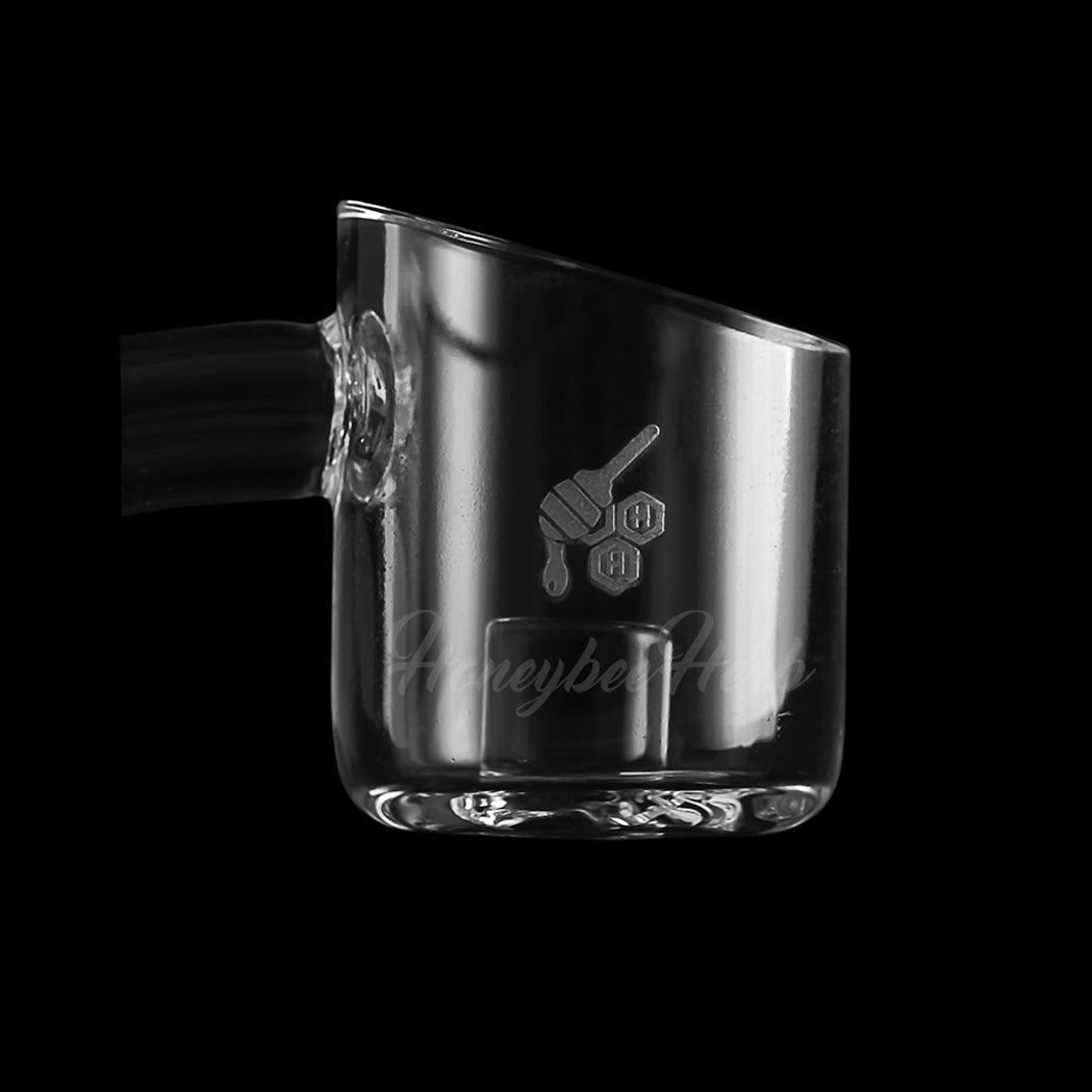 Honeybee Herb CORE REACTOR QUARTZ BANGER at 45° angle, clear, for dab rigs, side view on black