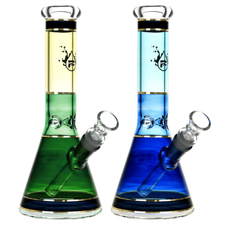 Colorful Level Basic Beaker Bongs in green and blue, 10" height, side view, perfect for dry herbs