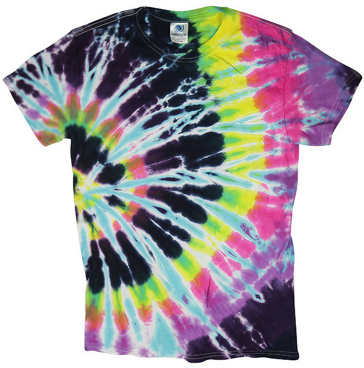 Colortone Flashback Tie-Dye T-Shirt with vibrant rainbow spiral pattern, front view on white background