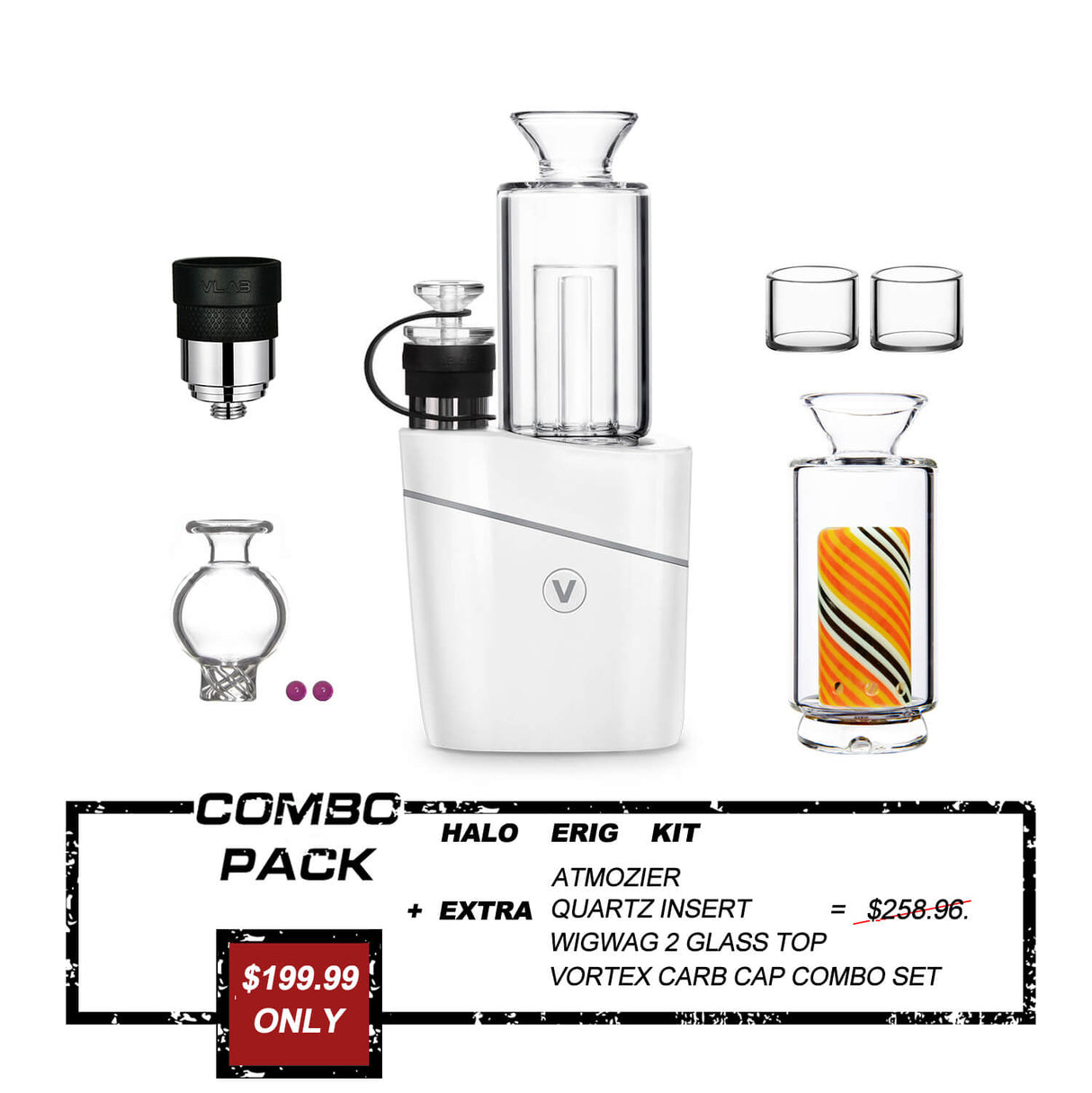 VLAB HALO BOX Vaporizer Bundle in White - Front View with Attachments and Price Tag