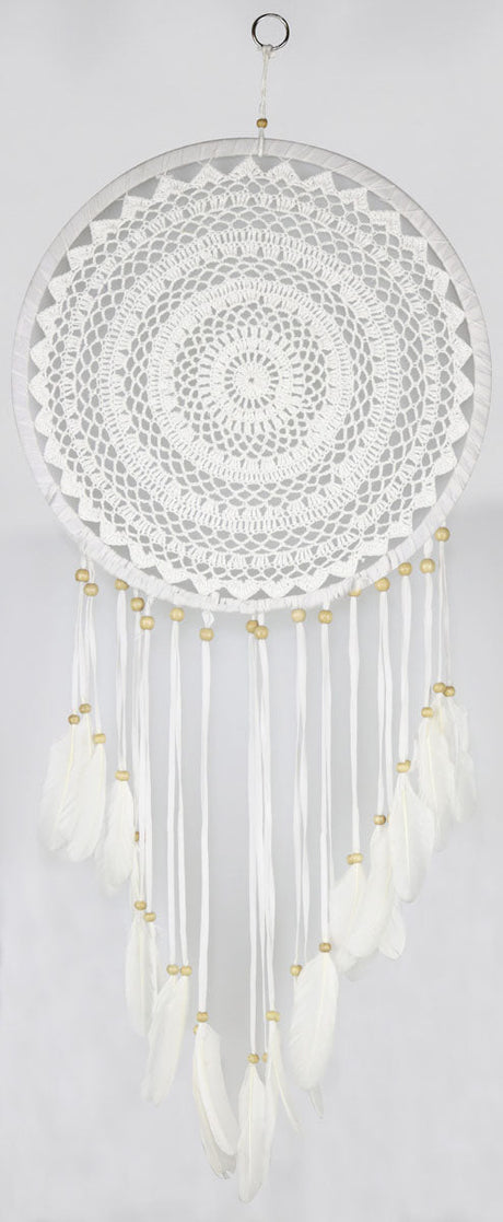 Handmade 12" Crochet Dreamcatcher with Wooden Beads, Front View on White Background