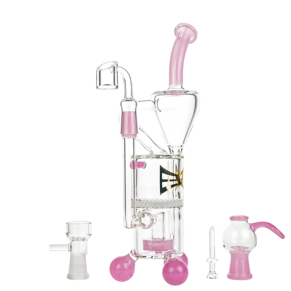 EVOLUTION Cyclone 9.75" Dab Rig in Pink with Glass Accents - Front View with Accessories