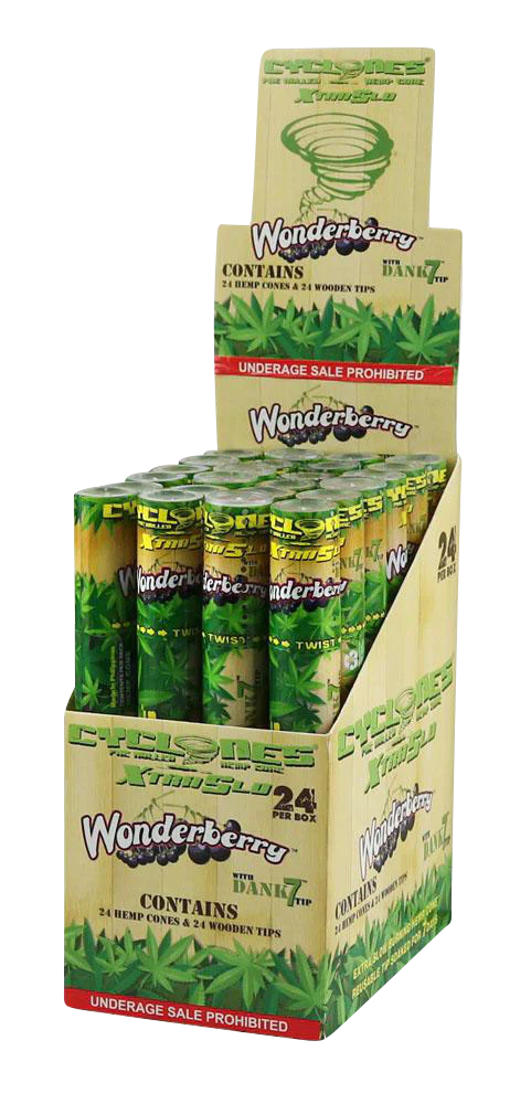 Cyclones Wonderberry Hemp Cones with Wooden Tips, 24 Pack Display Box, Front View
