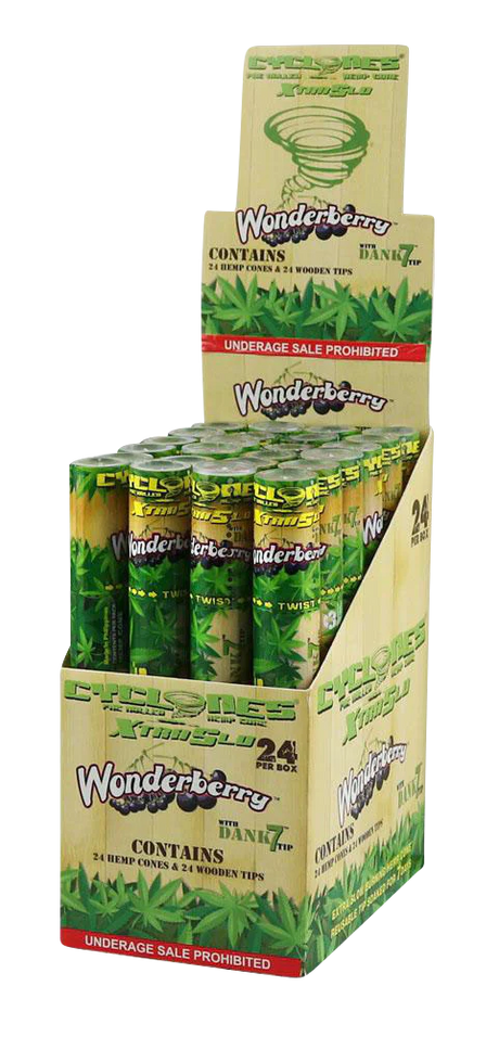 Cyclones Wonderberry Hemp Cones 24 Pack with Wooden Tips Displayed in Pyramid Stack