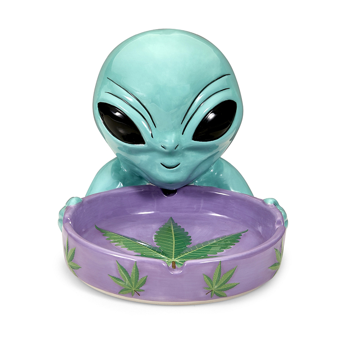 Fantasy Alien Ceramic Ashtray featuring a teal alien figure with a purple cannabis leaf design bowl