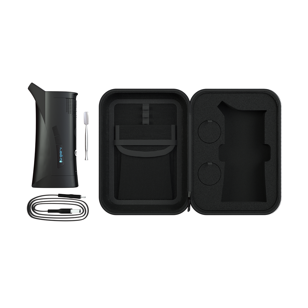 GPEN Roam Vaporizer by Grenco Science with accessories and carrying case, top view