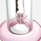 Close-up of PILOT DIARY Hephaestus Swing Arm Dab Rig base with clear glass detail