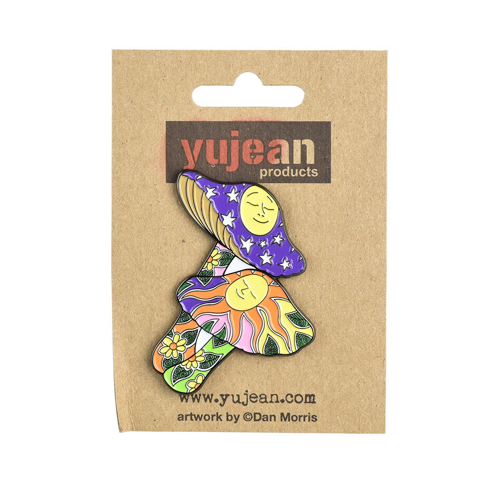 Dan Morris Mushrooms Enamel Pin, 2" x 1.74", vibrant colors on card