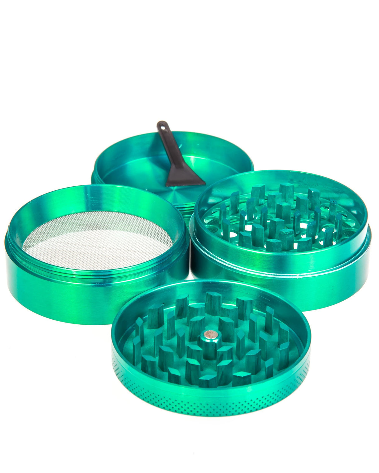 Dank Tools 4-piece Herb Grinder in Teal Aluminum, 50mm, with Kief Catcher and Scraper