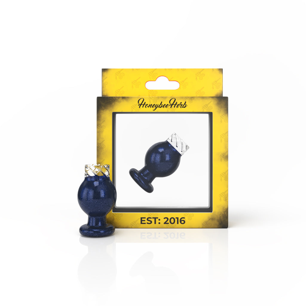 Honeybee Herb Vortex Bubble Carb Cap in Dark-Blue for Dab Rigs, Front View on Packaging