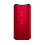 DaVinci IQC Vaporizer in red, portable design with LED display, front view on white background