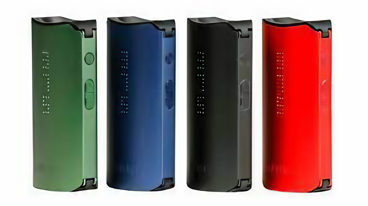 DaVinci IQC Vaporizers in green, blue, black, and red, side view, portable design with LED lights