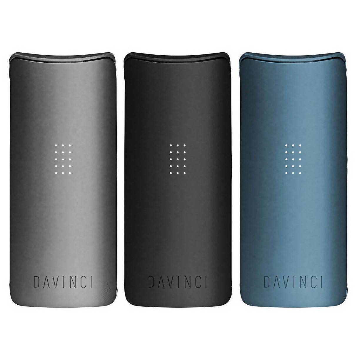 daVinci Miqro Dry Herb Vaporizers in gray, black, and blue - front view with LED lights