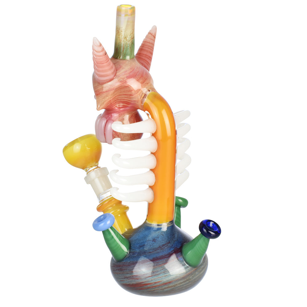 Demonic Skull & Shrooms Water Pipe, 9.5" tall, 14mm female joint, colorful borosilicate glass, front view