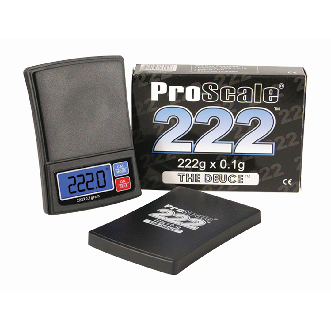 Proscale Deuce Scale 222g x 0.1g, front view with digital display, and packaging