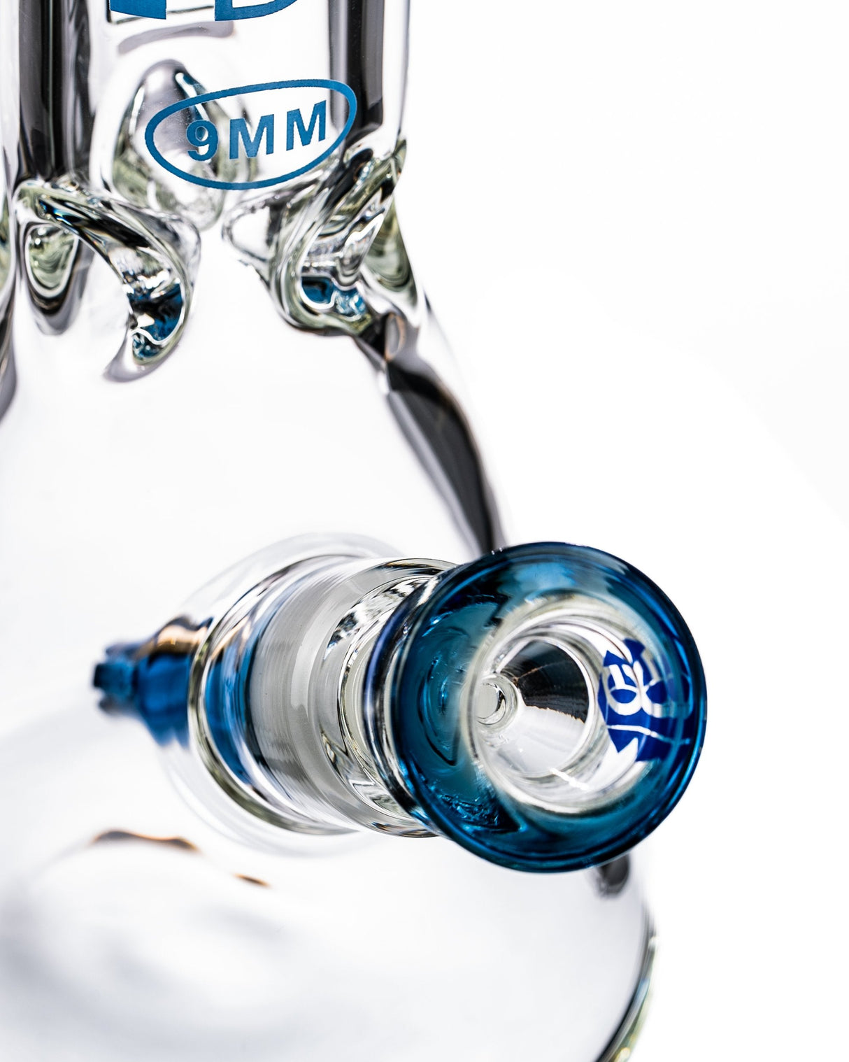 Diamond Glass 9mm Thick Beaker Bong with Blue Accents, Side View - 11" for Dry Herbs