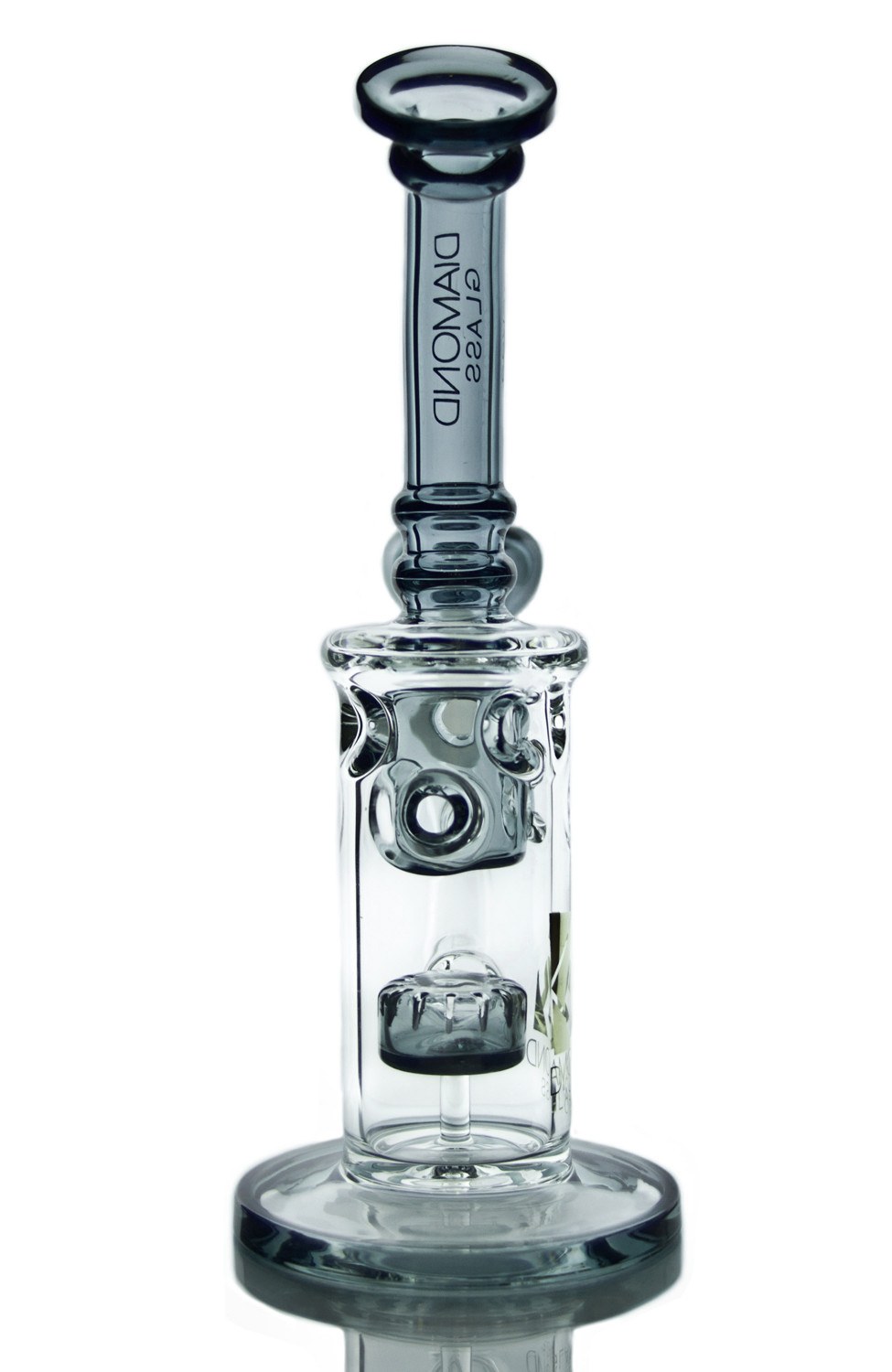 Diamond Glass Bong with Barrel to Swiss Perc, Clear Quartz, 9'' Height, Front View