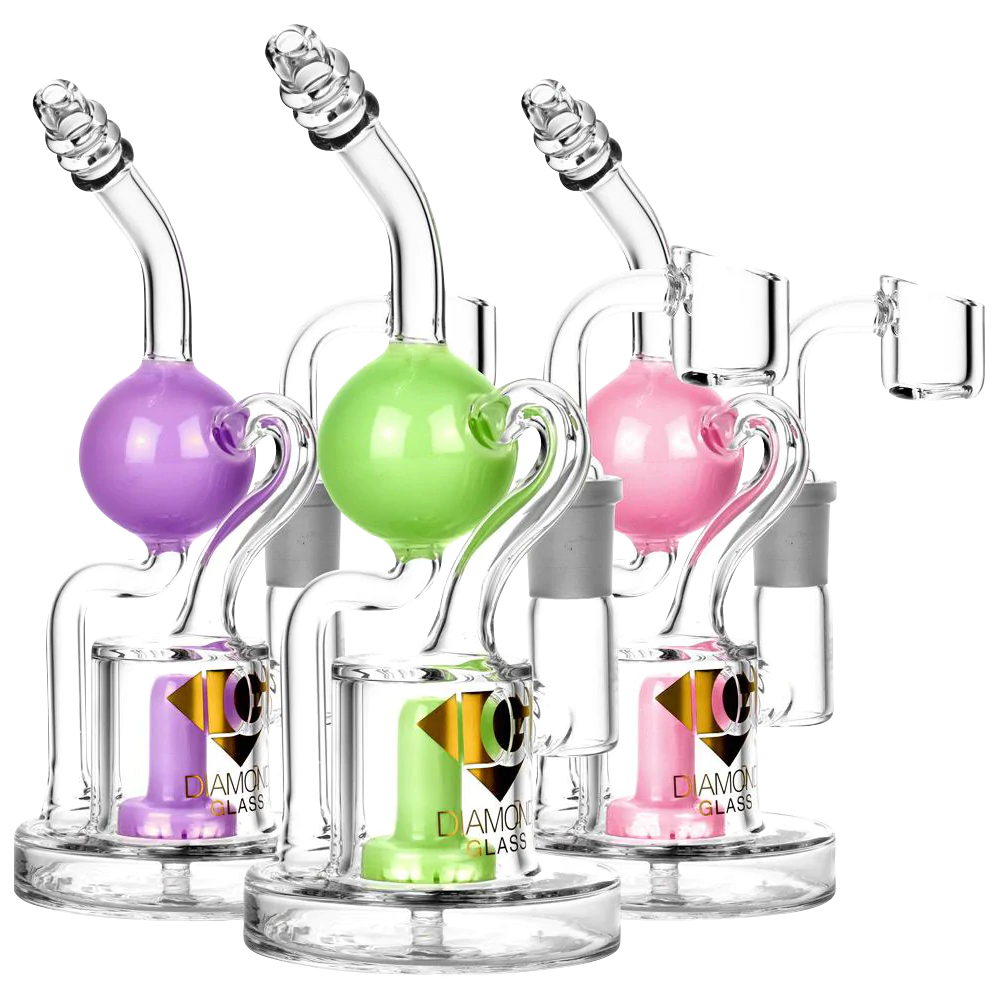 Diamond Glass Buoy Recycler Rigs in purple, green, and pink with showerhead percolators