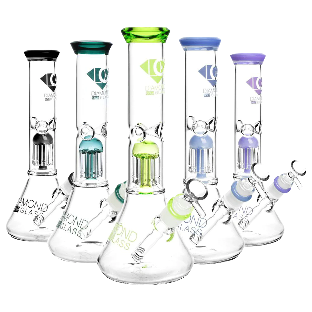 Diamond Glass Clear Mansion Water Pipes with colorful percolators, 45-degree joint angle, front view