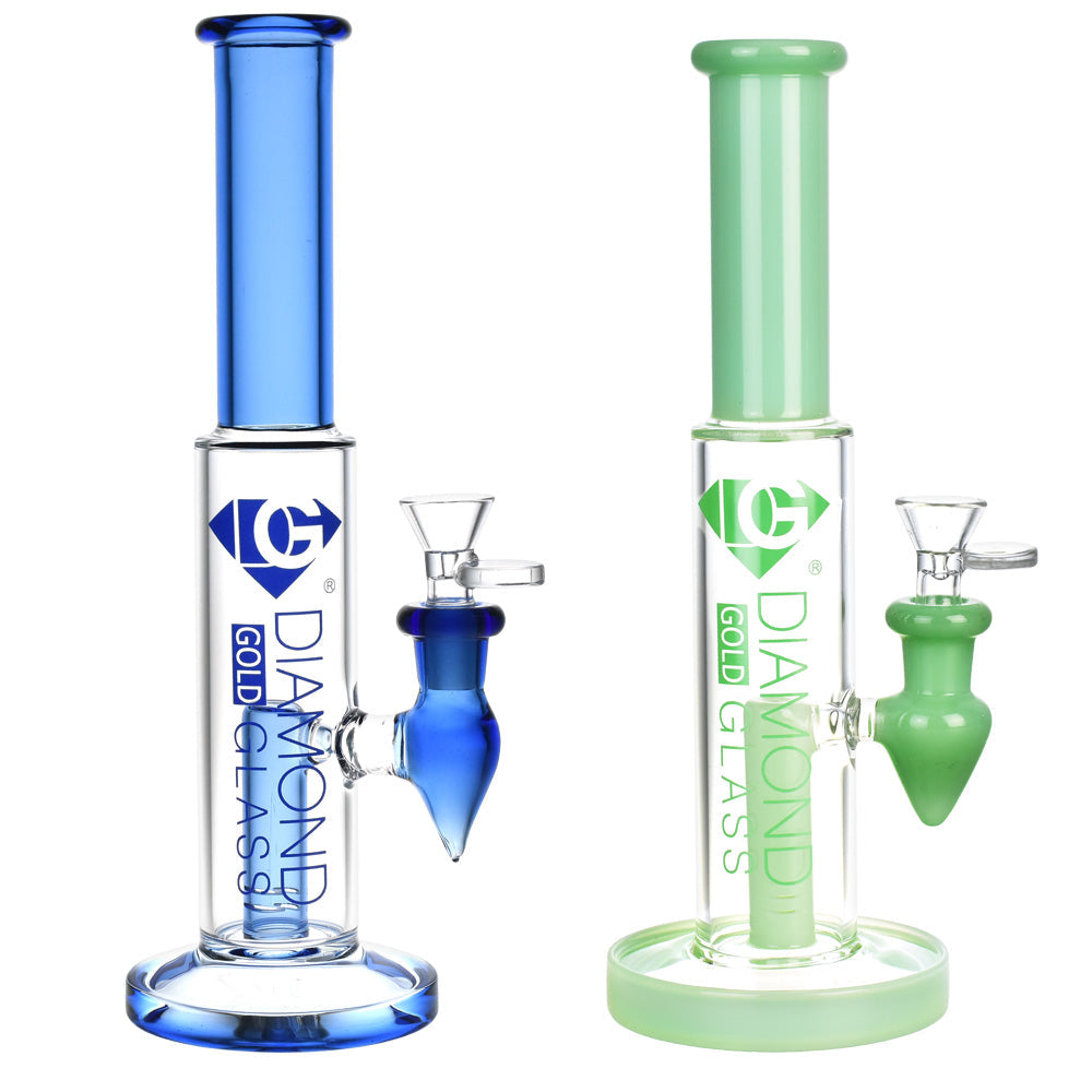 Diamond Glass Gold Cylinder Water Pipes in blue and green, 10.25" tall, 14mm female joint, front view