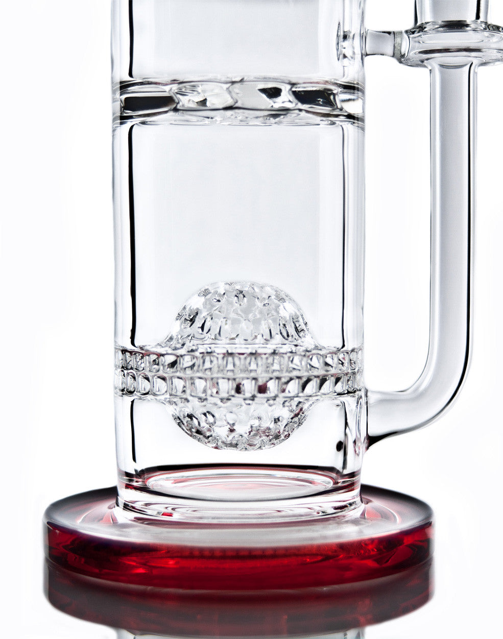 Diamond Glass Honeyglobe 13'' bong with intricate percolator and red base, side view