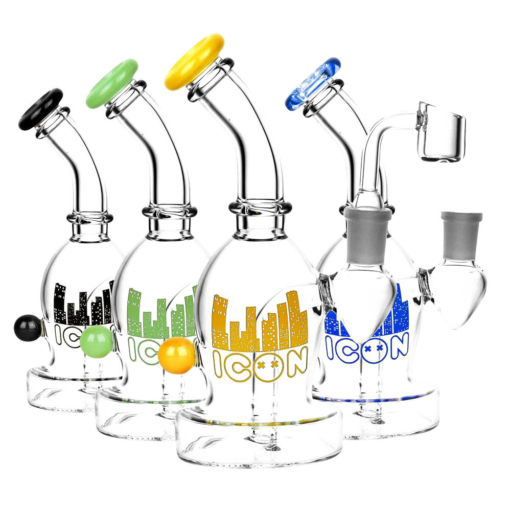 Diamond Glass Icon Ori Dab Rigs in various colors with showerhead percolator, 90-degree joint, front view