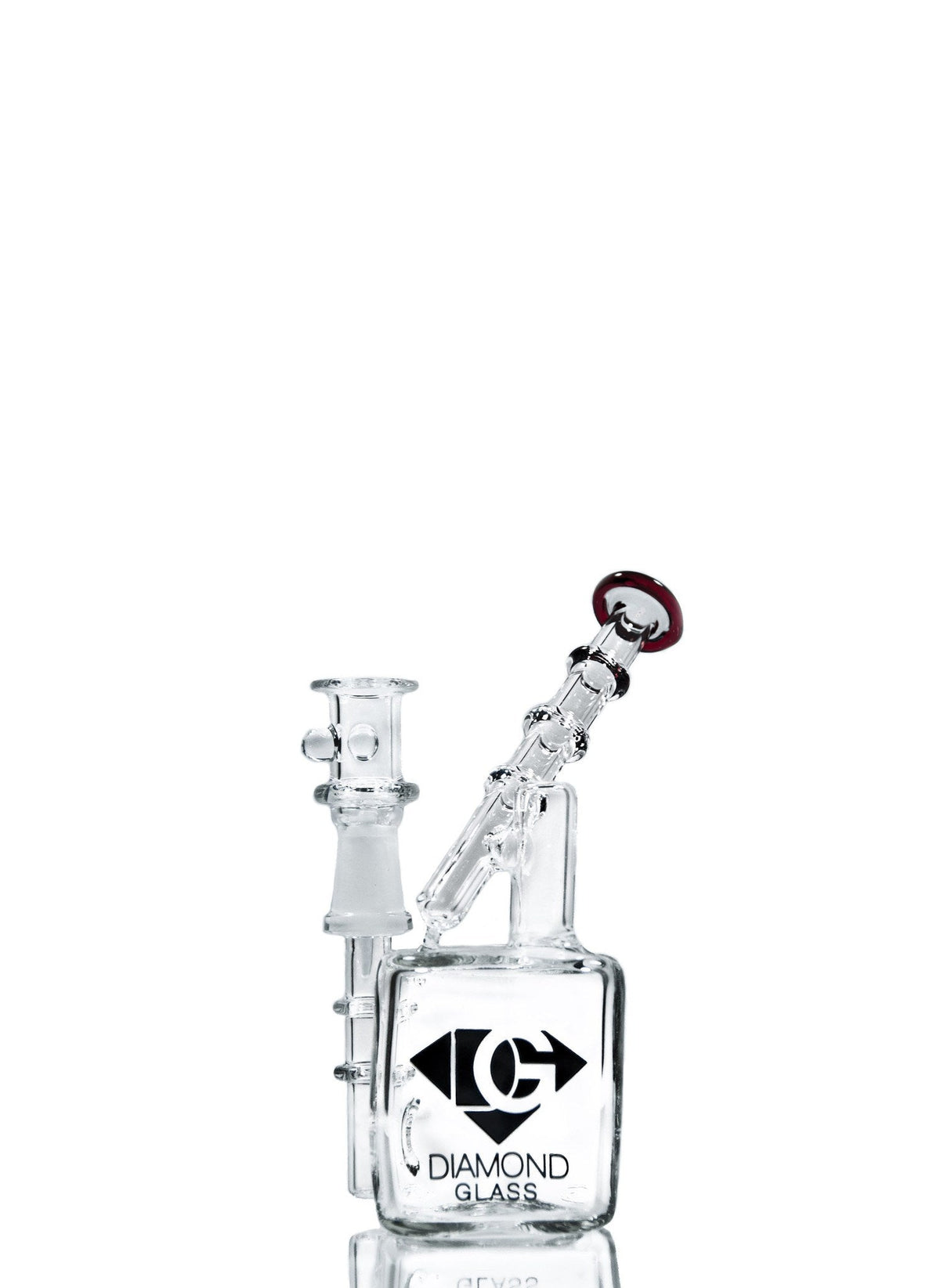 Diamond Glass - Mini Cube Dab Rig with Red Accents and Quartz Nail - Front View