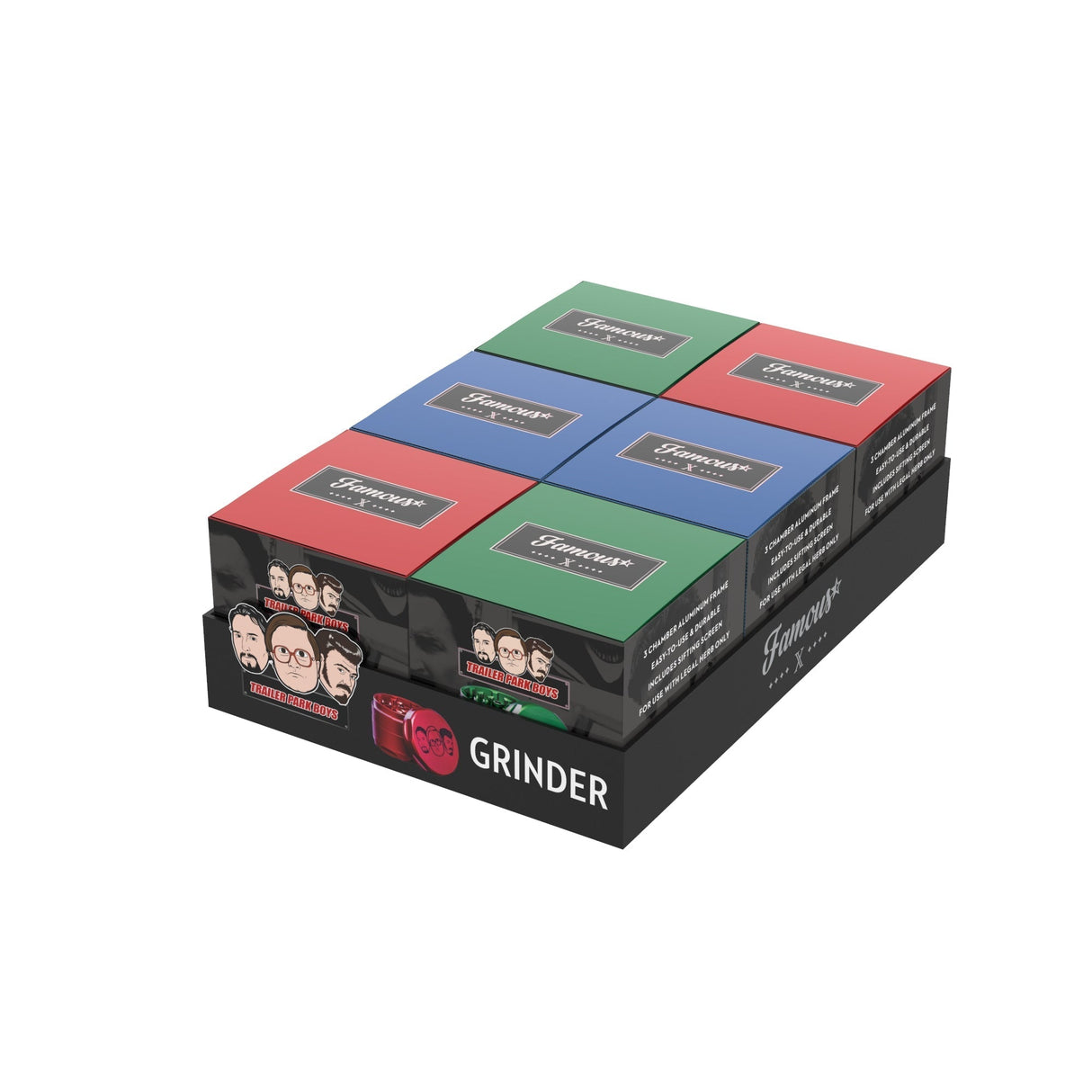 6-pack Diamond Teeth Grinders by Valiant Distribution in Red, Blue, Green, side view on white