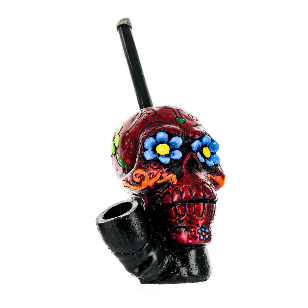 Medusa Customs Hand Carved Skull Pipe - Front View with Intricate Detailing