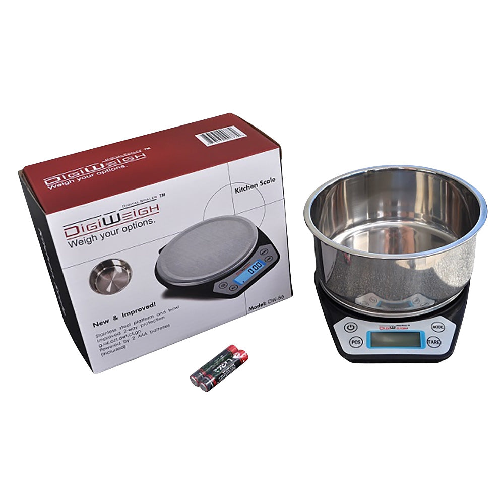 DigiWeigh Kitchen Scale with 0.01 accuracy, 500g capacity, front view with packaging and battery
