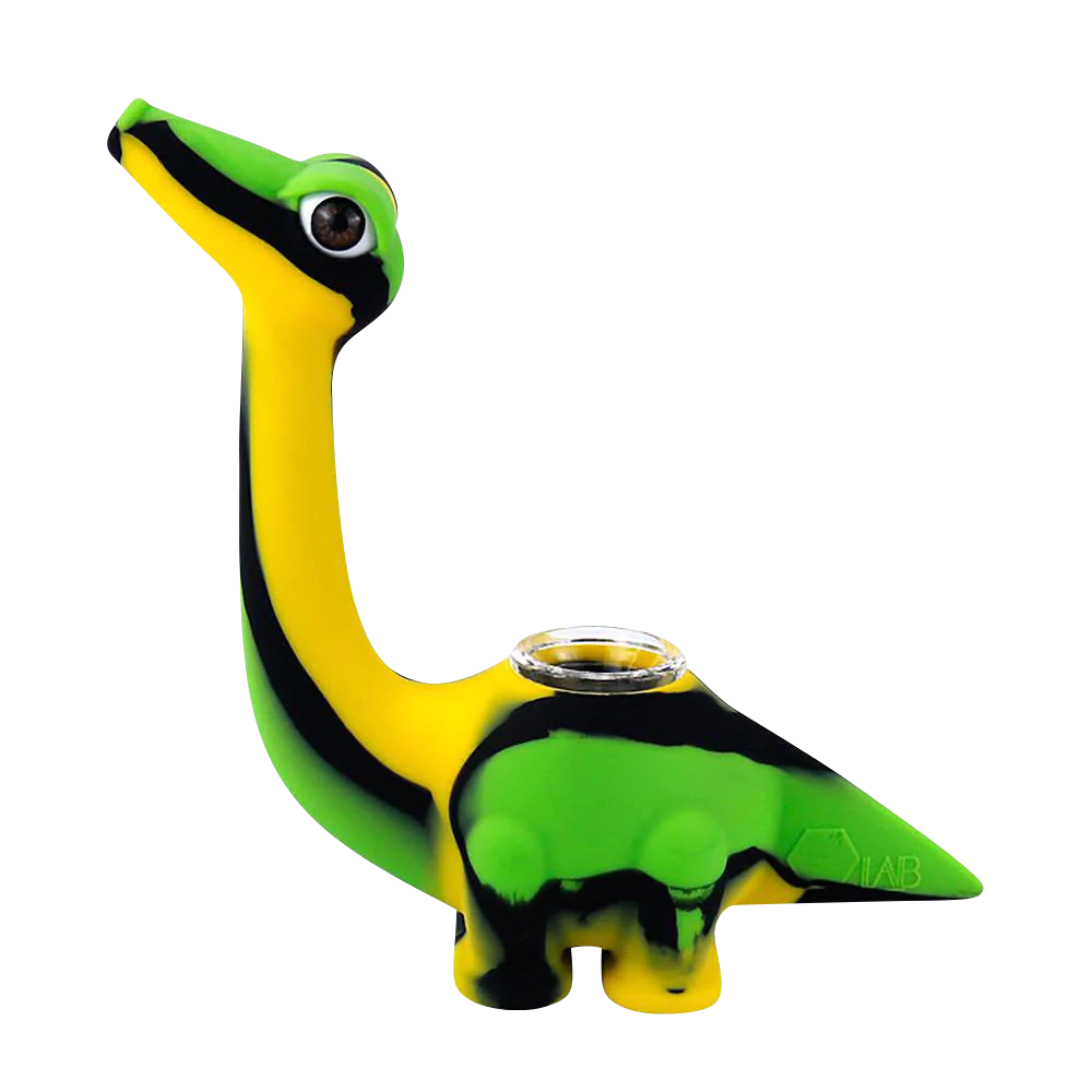 5" Dinosaur-shaped silicone hand pipe with glass bowl in assorted colors, side view