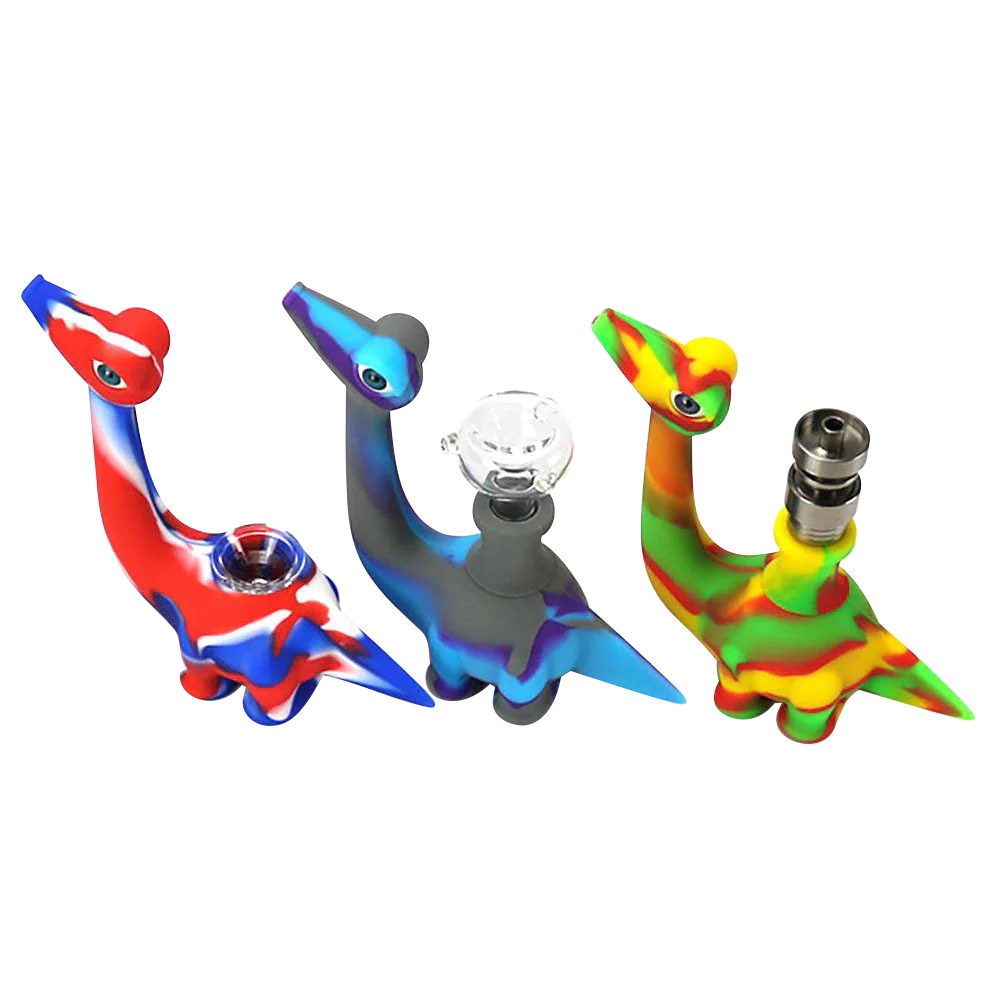 Assorted colorful Dinosaur Silicone Hand Pipes with Glass Bowls, 5" height, easy to clean
