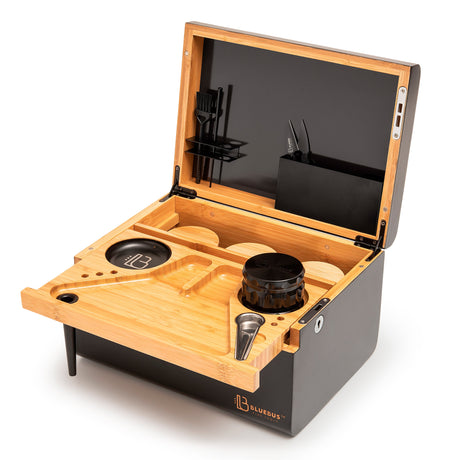 DISCOVERY Storage Stash Box by Blue Bus with bamboo and black aluminum design, open view showing compartments