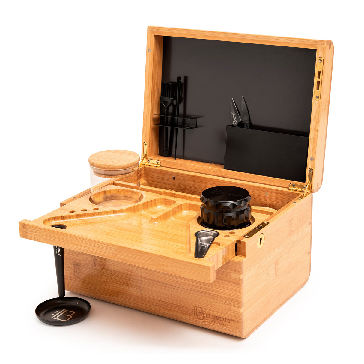 DISCOVERY Bamboo Storage Stash Box Open Front View with Accessories