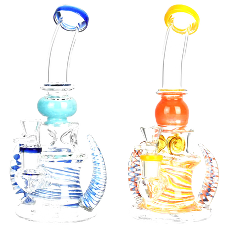 DNA Spiral Horned Bent Neck Water Pipes in Blue and Orange, 9" Showerhead Percolator