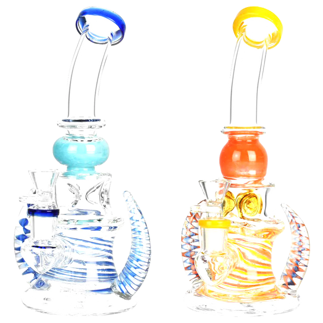 DNA Spiral Horned Bent Neck Water Pipes in Blue and Orange, 9" Showerhead Percolator