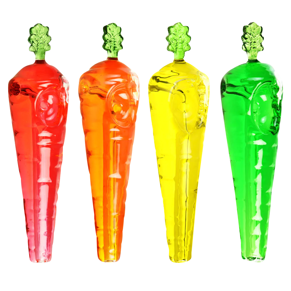 Colorful Don't Carrot All Freezable Glycerin Hand Pipes in red, orange, yellow, and green
