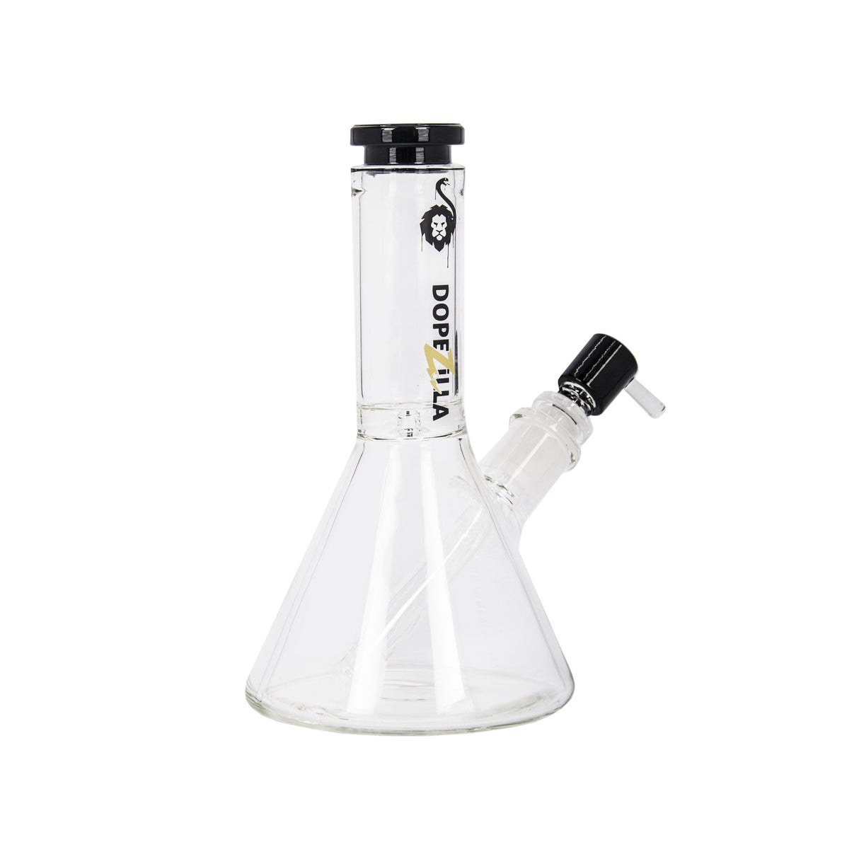 Dopezilla Chimera Beaker Water Pipe, clear borosilicate glass, black accents, front view