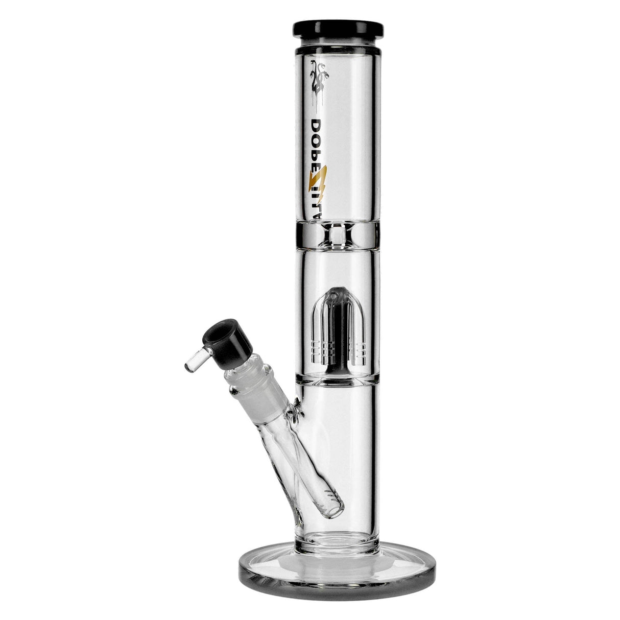 Dopezilla Hydra straight water pipe in clear borosilicate glass with tree percolator, front view