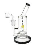 Dopezilla Lycan 9" clear borosilicate glass dab rig with black accents, 90-degree joint, and quartz banger