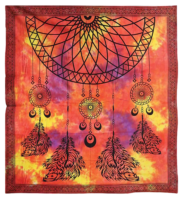 Colorful Dream Catcher Large Tapestry with Vibrant Red and Yellow Hues - Front View