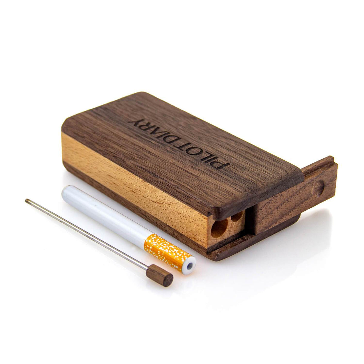 PILOT DIARY Wooden Dugout with Magnetic Lid, One-Hitter Pipe, and Cleaning Stick, Front View