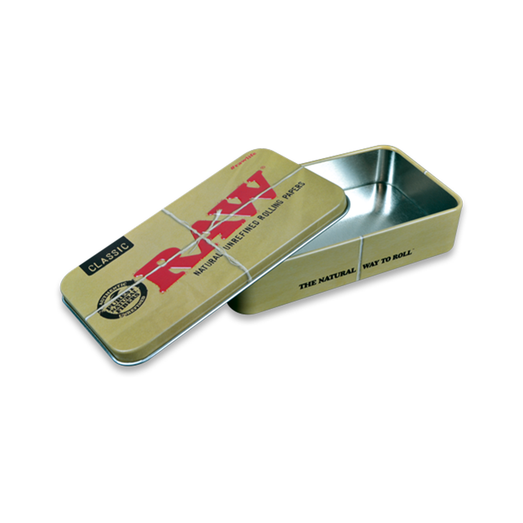 RAW Slide Tin Box open - Metal Storage for Rolling Accessories, Classic Design