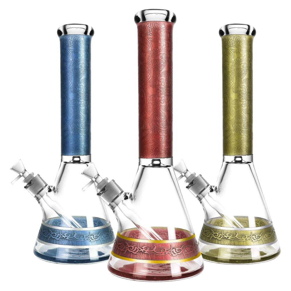 Trio of Elaborately Engraved Borosilicate Glass Water Pipes in Blue, Red, Green - 14.5" Tall