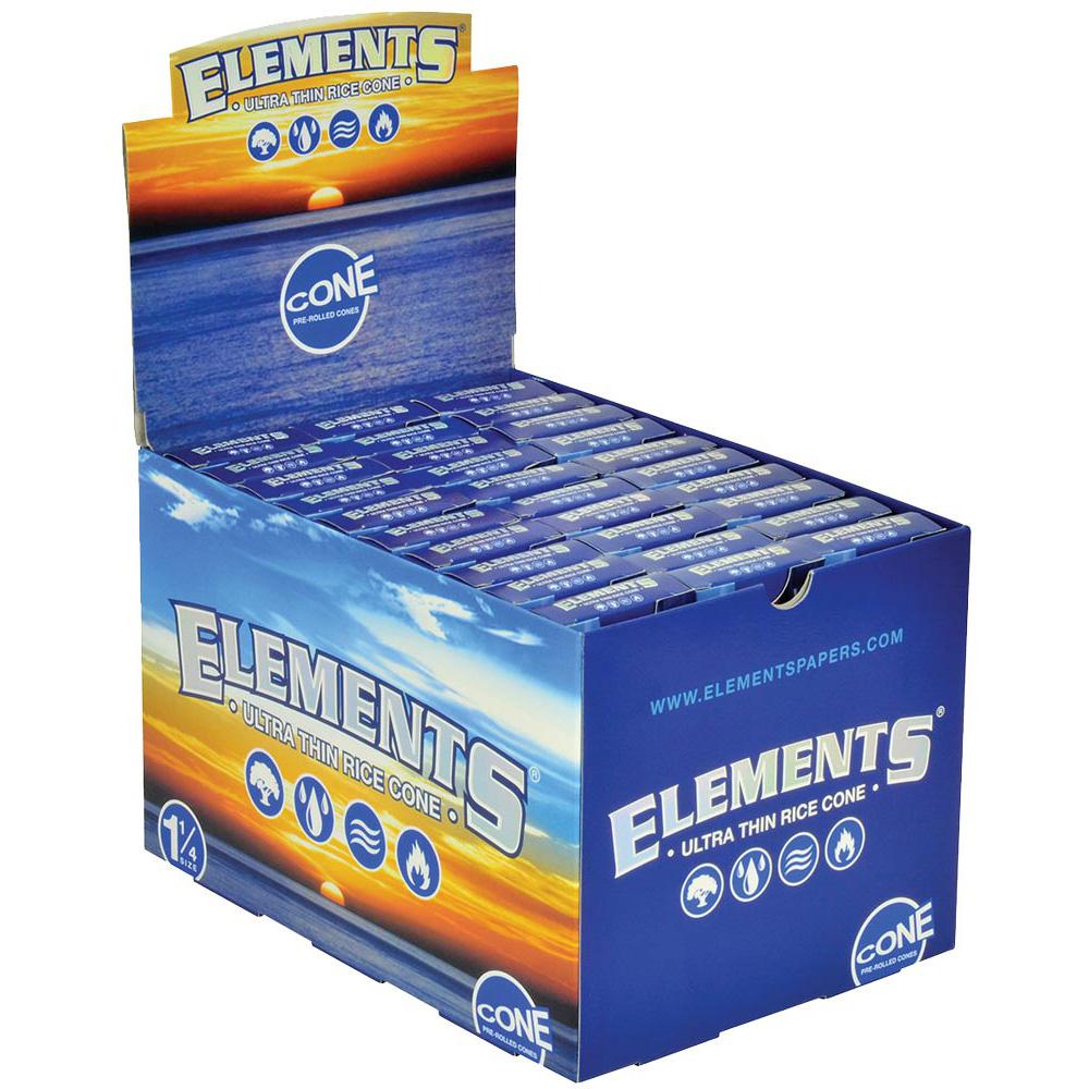 Elements 1 1/4" Prerolled Rice Paper Cones 30 Pack Display Box Front View