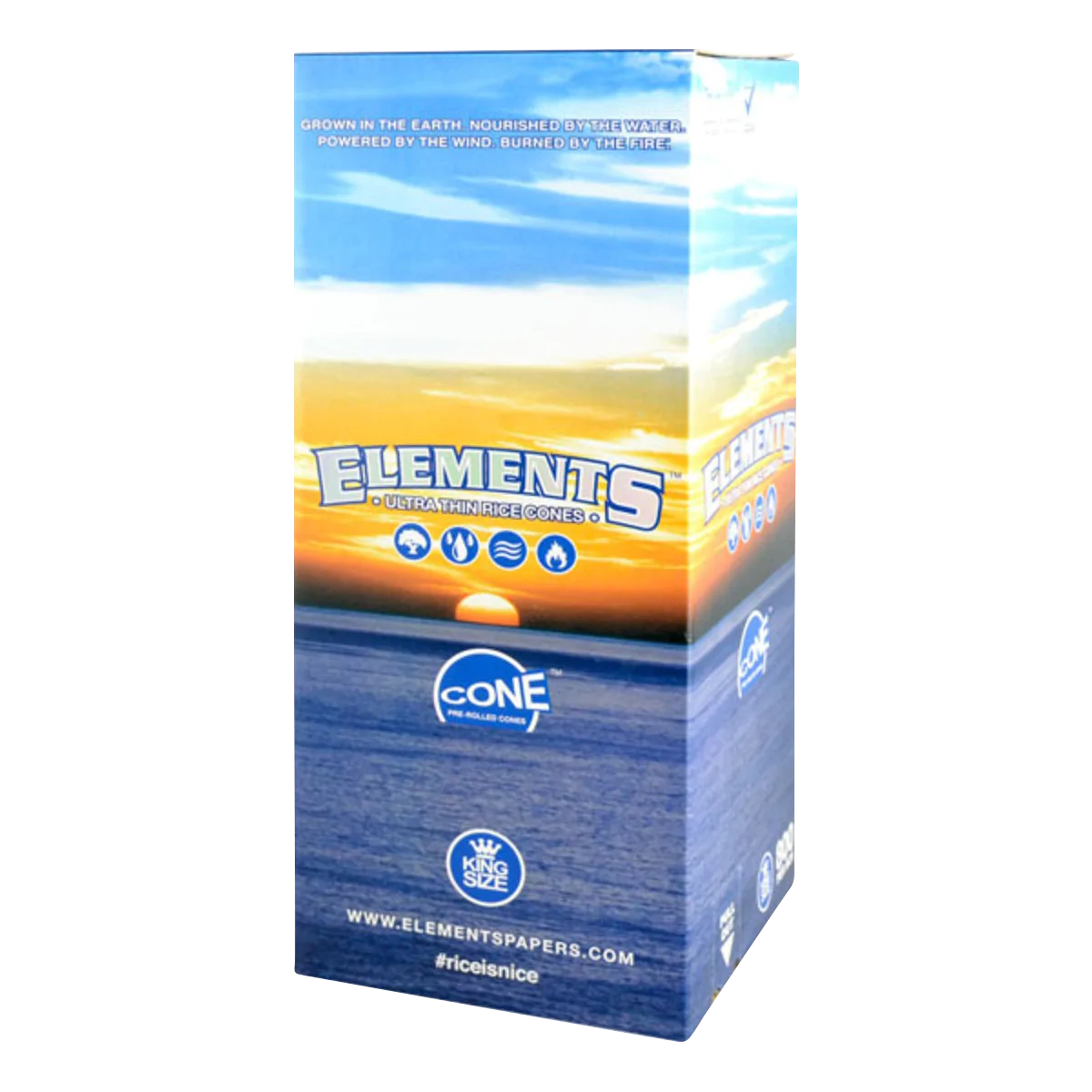 Elements Kingsize Rice Pre-Rolled Cones Bulk Pack angled front view on white background
