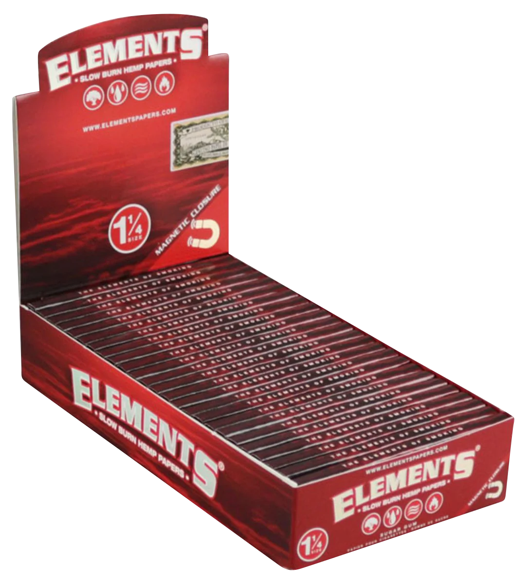Elements Red Slow Burn Hemp 1 1/4" Rolling Papers 25 Pack Display Box